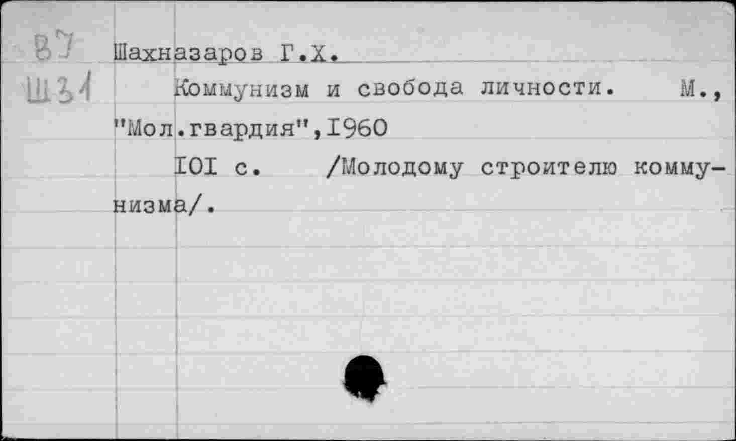 ﻿Шахназаров Г.Х,__
о ;	1 1	дахн. "Мол	азаров 1.2 Коммунизм	и свобода личности.	М.
		.гвардия",	1960
		101 с.	/Молодому строителю комму.
1	яизма/.		